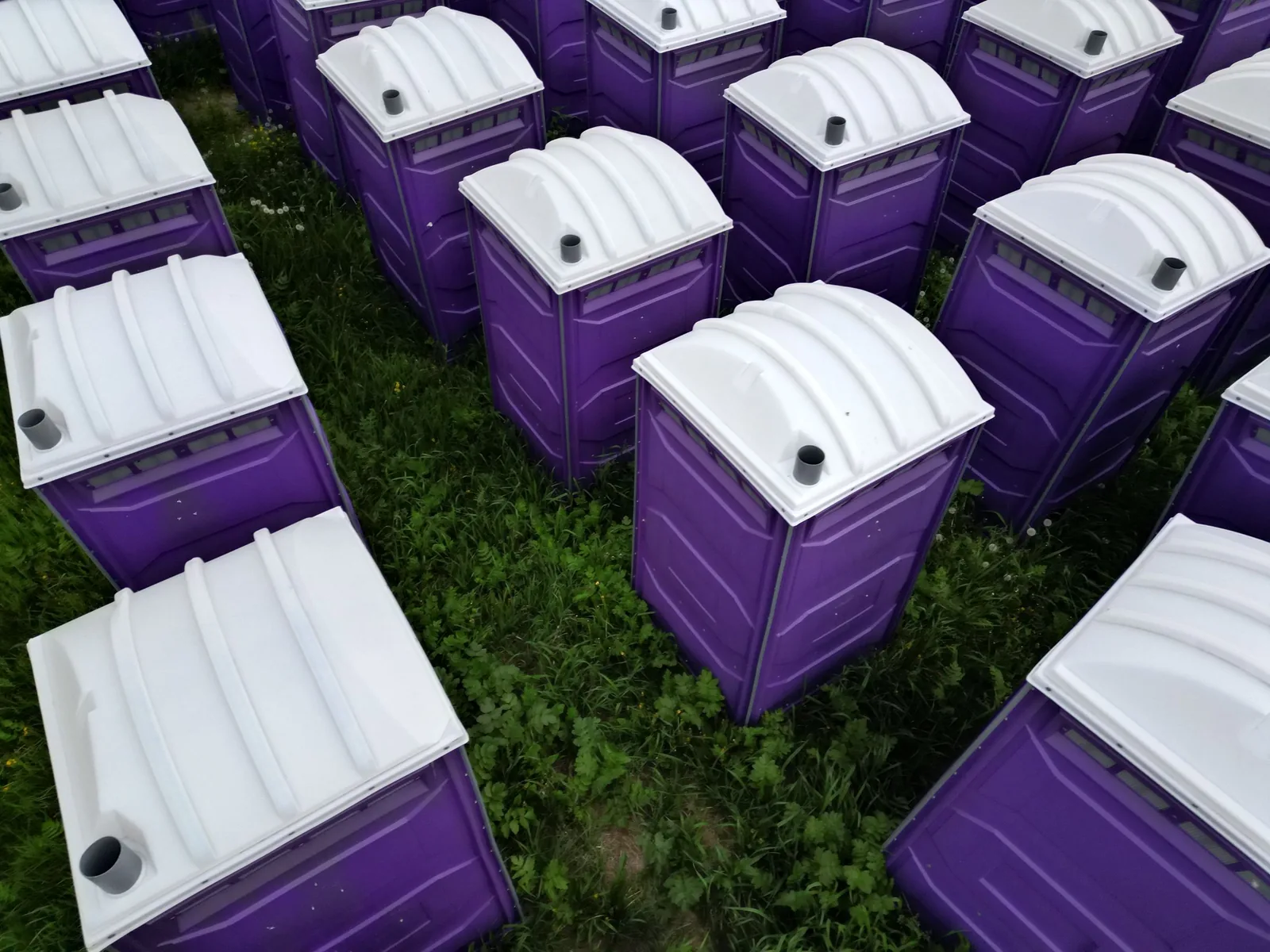 Decenas de baños químicos violetas en un predio con pasto, vistos desde arriba
