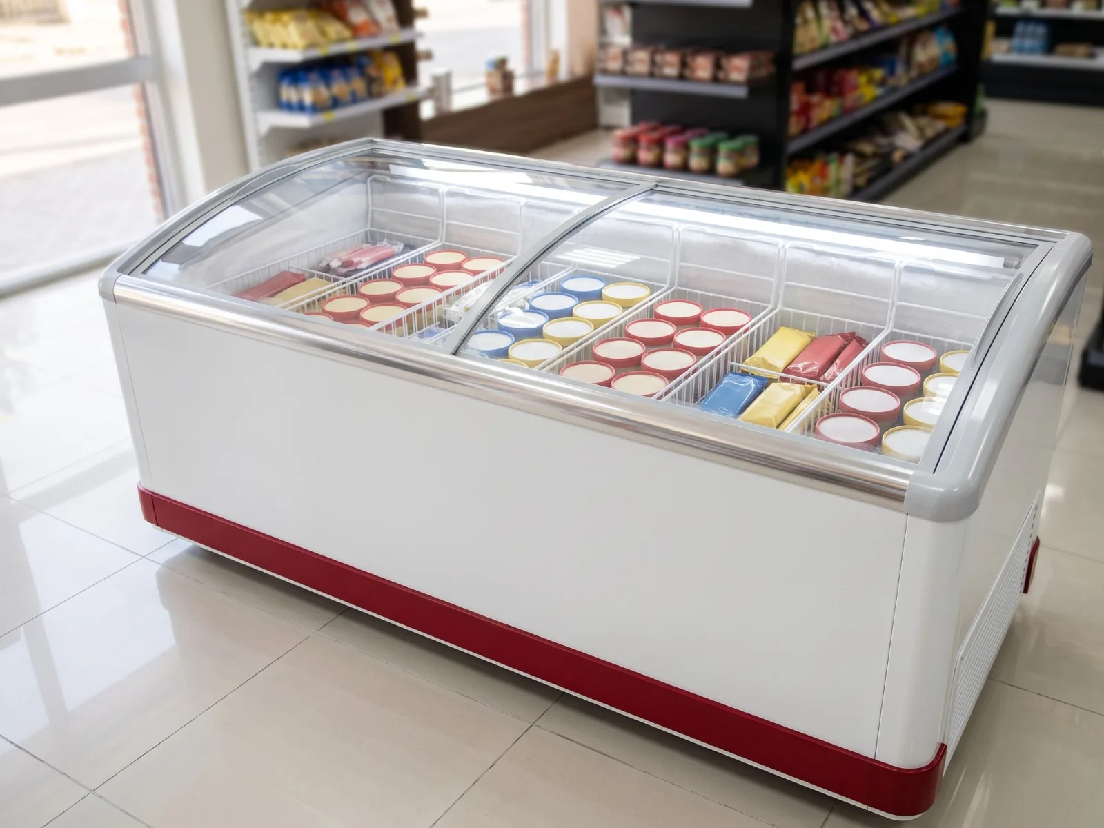 Freezer exhibidor horizontal con tapa de vidrio en un autoservicio (imagen ilustrativa)